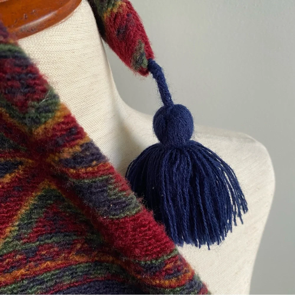 Rare Vtg L.L. Bean Wool Winter Tassle Long Elf Hat Red Blue Green
